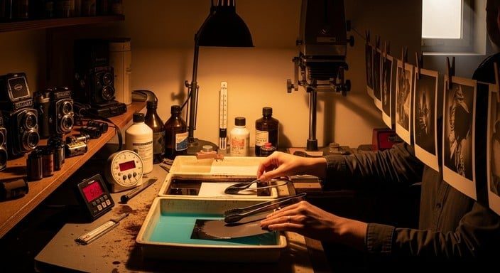Darkroom printing under red safelight