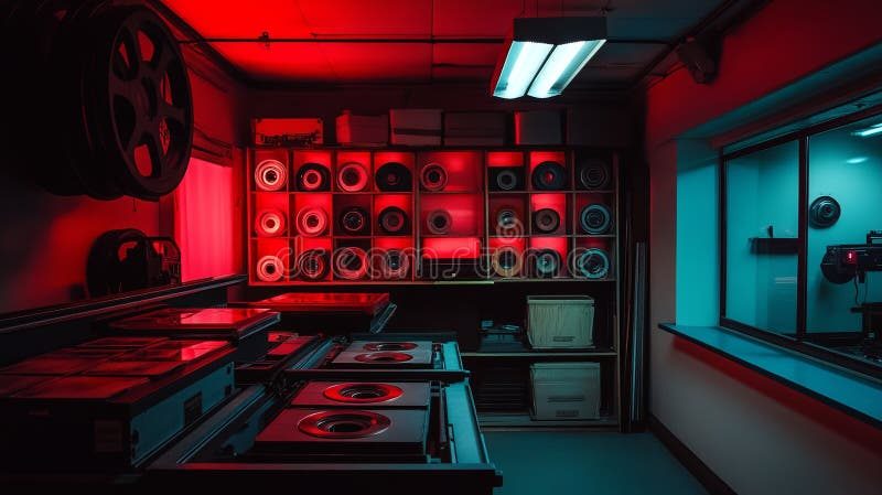 Film lab shelves under red and blue lights